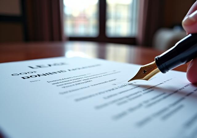 Close up of a legal document and a fountain pen on a mahogany desk in London